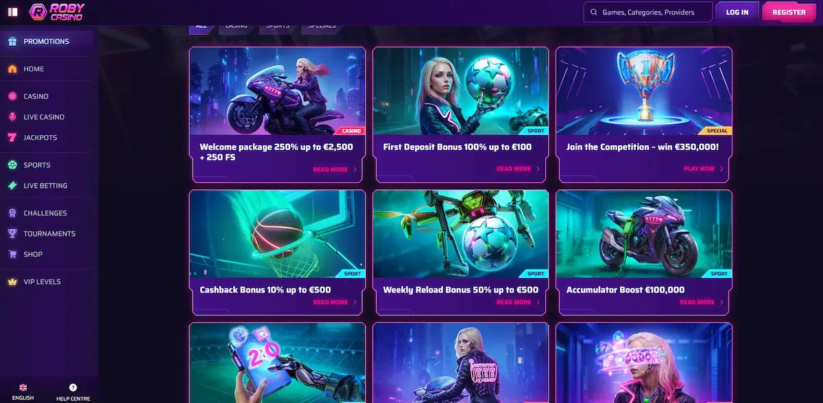 Roby Casino Bonusseite mit Willkommenspaket, Reload-Bonus, Sport-Cashback und Aktionen