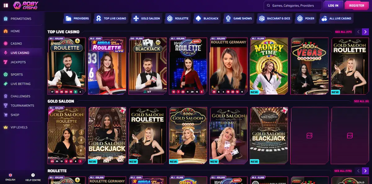 Roby Casino Live Casino Lobby mit Live-Dealer-Tischen von Evolution und Pragmatic Play Live