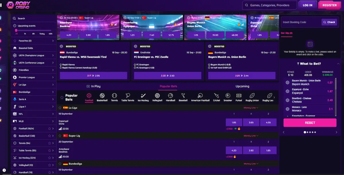 Roby Casino Sportwetten Bereich mit Live-Wetten und Pre-Match-Quoten zur Bundesliga