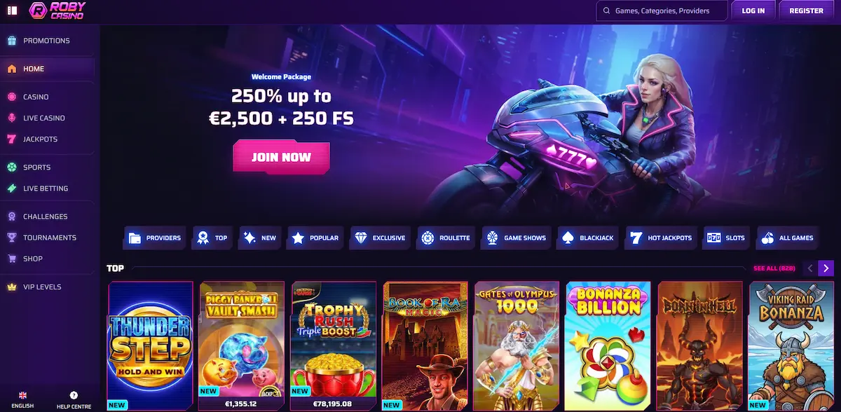 Roby Casino Startseite mit Willkommenspaket, Spielkategorien und Slot-Lobby für Spieler aus Deutschland